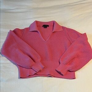 French Connection Hot Pink Collared V-Neck Knit Sweater